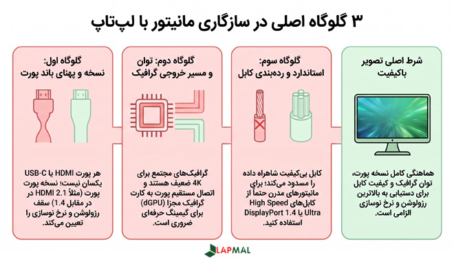 بررسی تخصصی 3 گلوگاه اصلی سازگاری مانیتور با لپ تاپ: گلوگاه اول: پورت خروجی تصویر؛ پهنای باند و استانداردهای ارتباطی گلوگاه دوم: توان کارت گرافیک لپ تاپ و مسیر خروجی تصویر گلوگاه سوم: استاندارد و رده بندی کابل های رابط